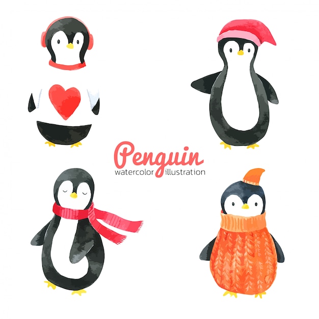 Pinguin Cartoon Aquarell Hand Gezeichnet Fur Kinder Grusskarte Premium Vektor