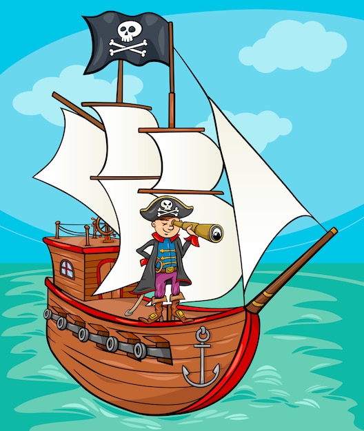 Pirat auf schiff cartoon illustration | Premium-Vektor