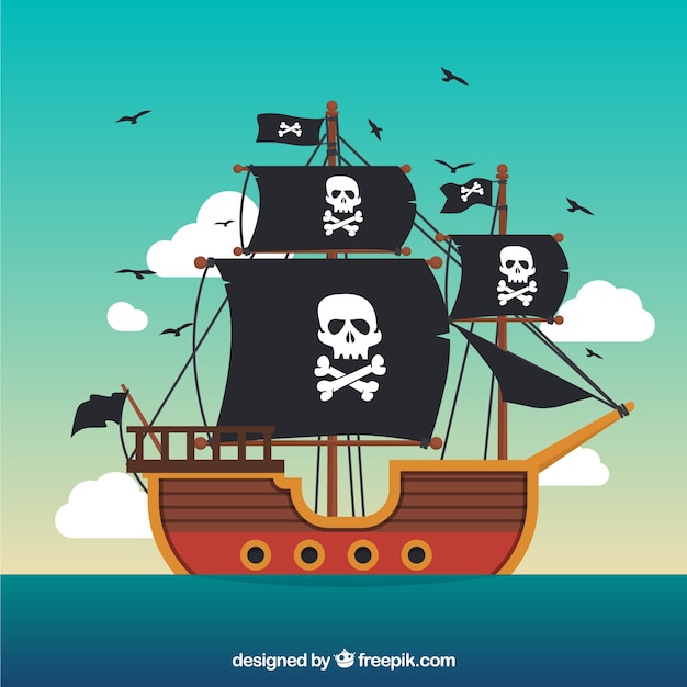 Piratenschiff Hintergrund In Flachen Design Premium Vektor