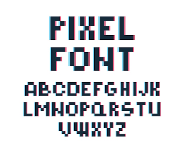 Pixelschrift Retro Videospiel 80er Jahre Vintage Computer Typografie Buchstaben Und Zahlen Schriftverzerrung Premium Vektor