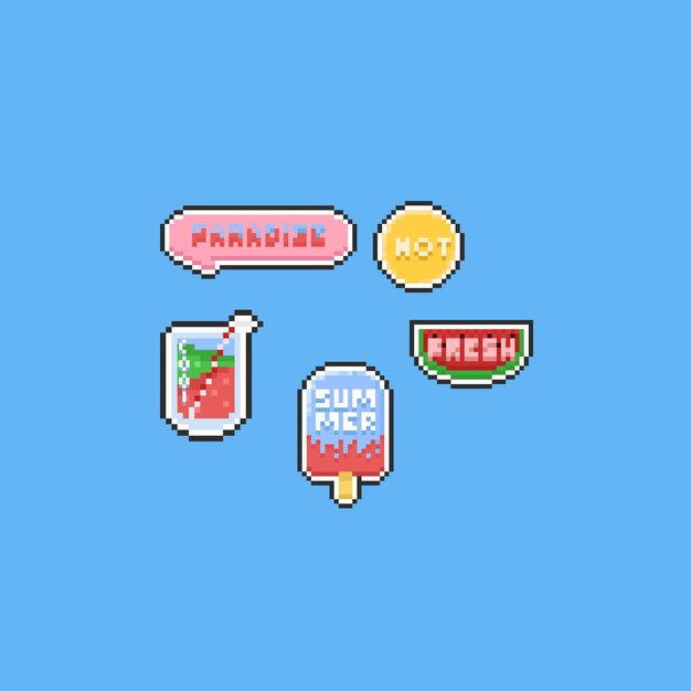 Pixelsommerelemente mit text. 8 bit. Premium Vektoren