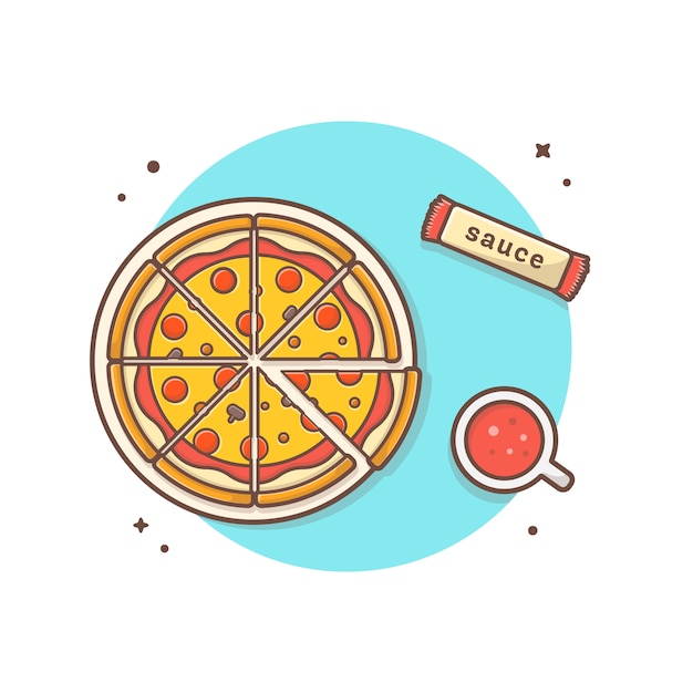 Pizza auf platte mit soda-und soßen-vektor-ikonen-illustration. top angle view. lebensmittel-und getränk-ikonen-konzept-weiß lokalisiert Premium Vektoren