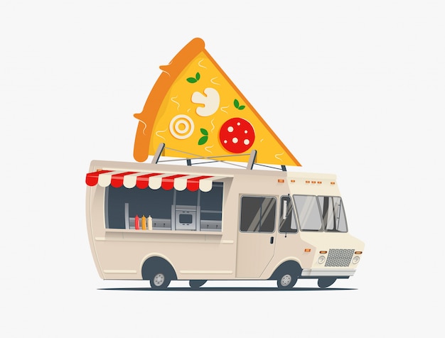 Pizza food truck cartoon illustration. pizza-lieferservice-konzept. auf