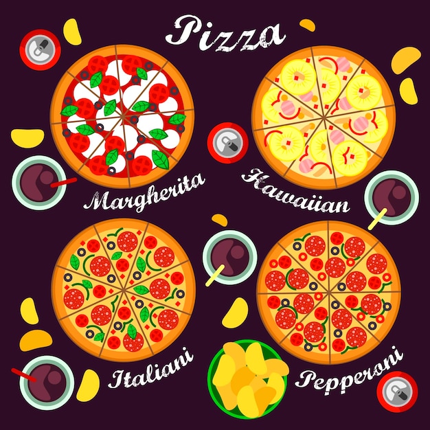 Pizza Menu Mit Pizzasorten Italienisch Hawaiian Margarita Und Pepperoni Pizza Premium Vektor