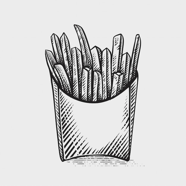 Pommes-friteshand gezeichnet, artillustrationen gravierend | Premium-Vektor