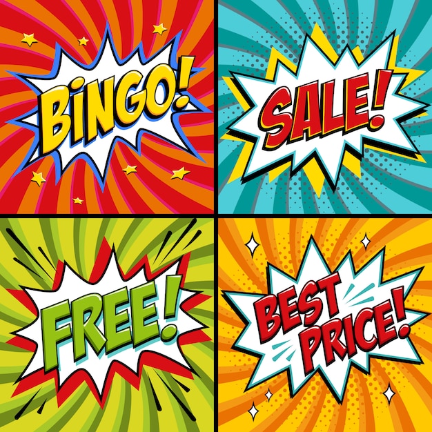 Pop Art Web Banner Bingo Kostenlos Verkauf Bestpreis Lotteriespiel Hintergrund Comic Pop Art Premium Vektor