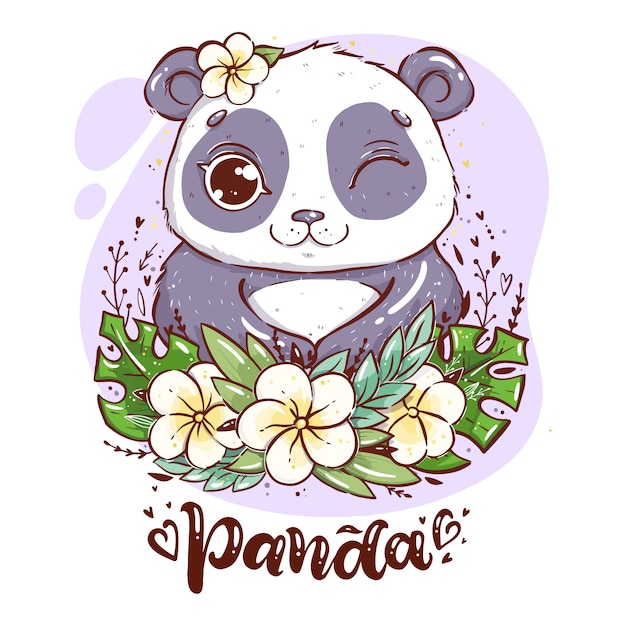 Porträt eines netten pandas mit tropischen blättern und blumen, panda mit einer blume nahe dem ohr mit handbeschriftungswort panda Premium Vektoren