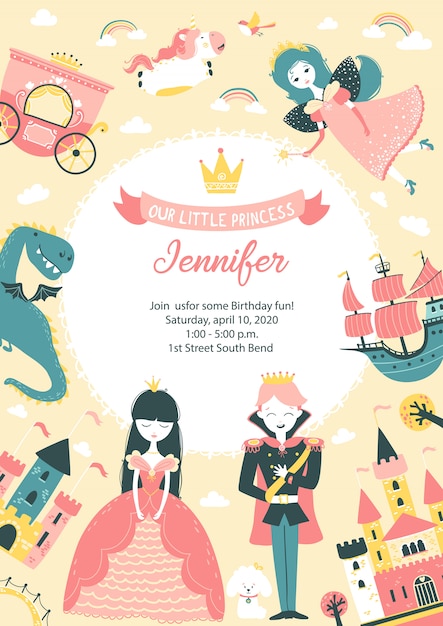 Prinzessin Party Geburtstagseinladung Mit Vorlage Fur Text Nette Vertikale Postkarte Banner Fur Baby Mit Schloss Prinz Prinzessin Fee Einhorn Hund Drache Krone Premium Vektor