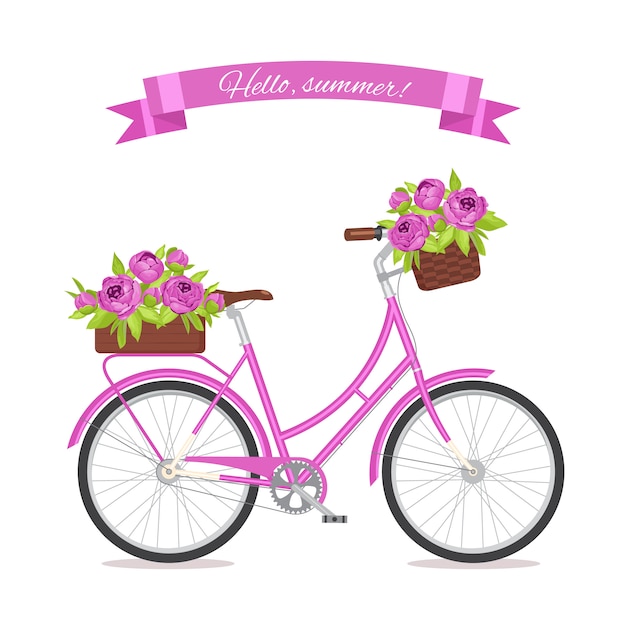 Purpurrotes retro fahrrad mit blumenstrauß im blumenkorb