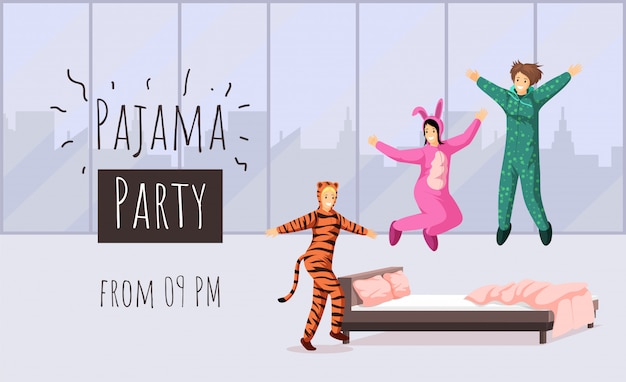 Pyjama Party Flache Vorlage Sleepover Ubernachtungseinladung Hen Party Werbung Poster Design Nette Freundinnen In Der Lustigen Kostumillustration Mit Typografie Premium Vektor