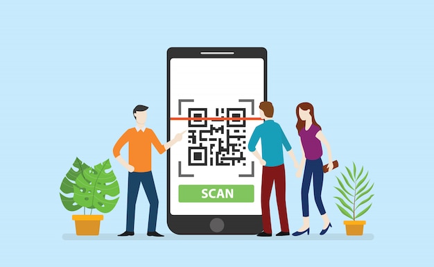 Qrcode-technologie-scan mit mitarbeitern des office-teams umkreisen große smartphone-apps Premium Vektoren