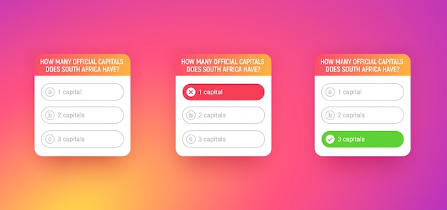 Quizvorlage Fur Social Media Anwendung Umfrage Mit Fragenoptionen Auf Farbigem Verlaufshintergrund Quiz Ui Oberflache Mit Schaltflachen Windows Mit Richtigen Und Falschen Antworten Premium Vektor