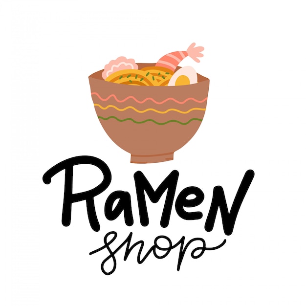 Ramen Bowl Doodle Print Japanisches Essen Cartoon Kunst Traditionelle Asiatische Nudelsuppe Mit Ei Und Garnele Asiatisches Cafe Gericht Gut Fur Menu Logo Oder Symbol Flache Illustration Mit Schriftzug Ramen Shop Premium Vektor