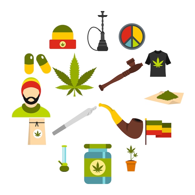 Rastafarian-ikonen eingestellt, flache art Premium Vektoren