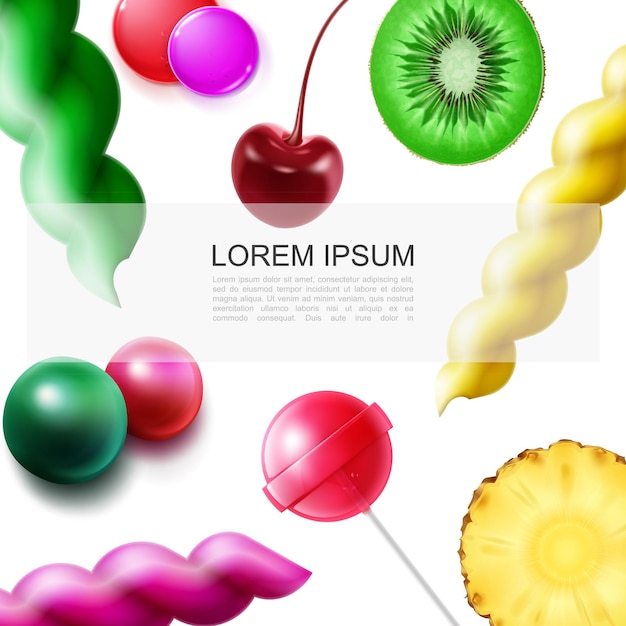Realistische Frucht Susse Produkte Vorlage Mit Kiwi Ananas Stucke Kirsche Bunte Zahnfleisch Lutscher Bonbons Illustration Kostenlose Vektor