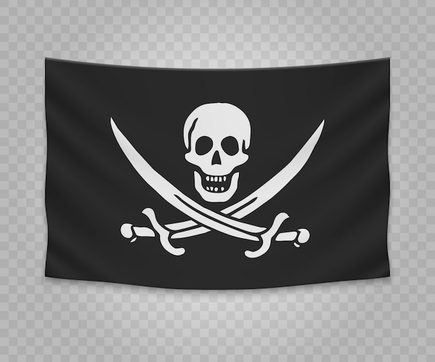 Realistische hängende flagge des piraten jolly roger Premium Vektoren