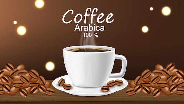 Realistische Kaffeetasse Arabica Kaffeebanner Bohnen Und Heisses Getrank Guten Morgen Premium Vektor