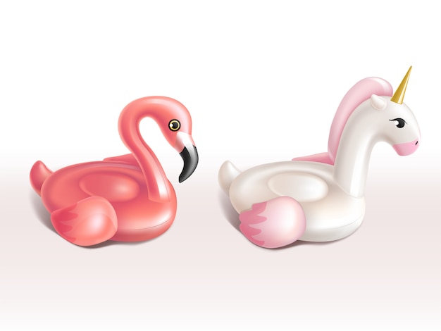 Realistischer Satz 3d Schwimmenringe Rosa Flamingo Und Weisses Einhorn Kostenlose Vektor