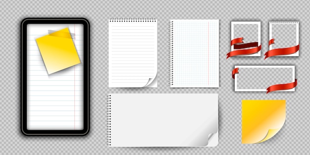 Realistisches notizbuch oder notizblock mit der mappe lokalisiert. notizblock oder tagebuch mit linierten und quadratischen seitenvorlagen. Premium Vektoren