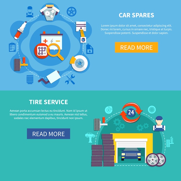 Reifenservice und autoersatzteile horizontale banner Premium Vektoren
