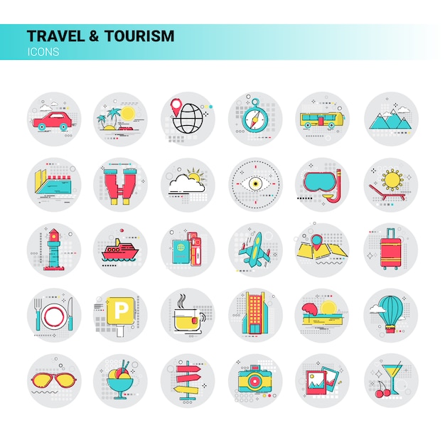 Reise-reise-tourismus-ikonen-gesetzte ferien-ferien Premium Vektoren
