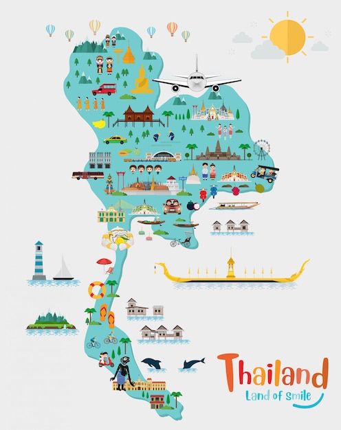 Reisen Sie Nach Thailand Und Thailand Karte Marksteine Und Reiseplatz Tempel Premium Vektor