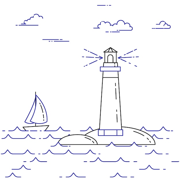 Reisende horizontale fahne mit segelboot auf wellen, leuchtturm und wolken. flache linie kunstelemente. vektor-illustration konzept für reise, tourismus, reisebüro, hotels, segeln, erholungskarte. Premium Vektoren
