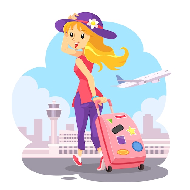 Reisendes mädchen mit rosa trolley-tasche | Premium-Vektor