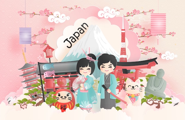 Reisepostkarte, tour-werbung für weltberühmte wahrzeichen japans Premium Vektoren