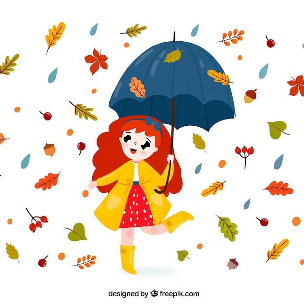 Reizender Herbsthintergrund Mit Madchen Mit Regenschirm Und Blattern Kostenlose Vektor