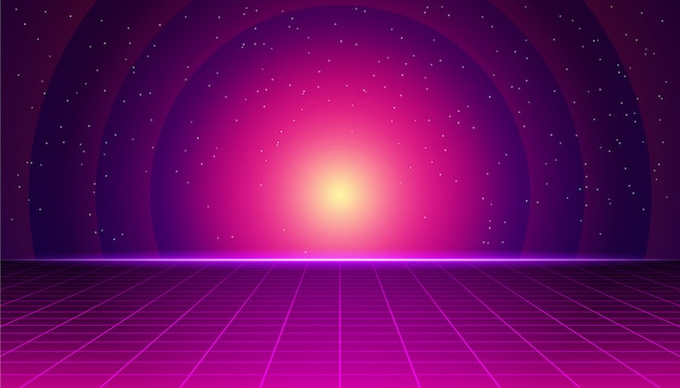 Retro Futuristische Landschaft Mit Neon Sonnenuntergang Synthwave Retro Hintergrund Retrowave Computergrafik Und Sci Fi Konzept Premium Vektor