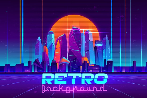 Retro- hintergrund in der neonfarbkarikatur mit belichteten zukünftigen stadtwolkenkratzergebäuden Kostenlosen Vektoren