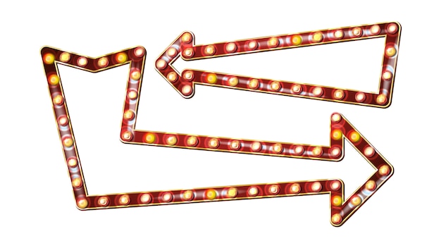 Retro- pfeil-anschlagtafel-vektor. leuchtendes pfeil-licht-zeichen-brett. realistischer scheinwerferrahmen. weinlese-goldenes belichtetes neonlicht. karneval, zirkus, kasinoart. getrennte abbildung Premium Vektoren