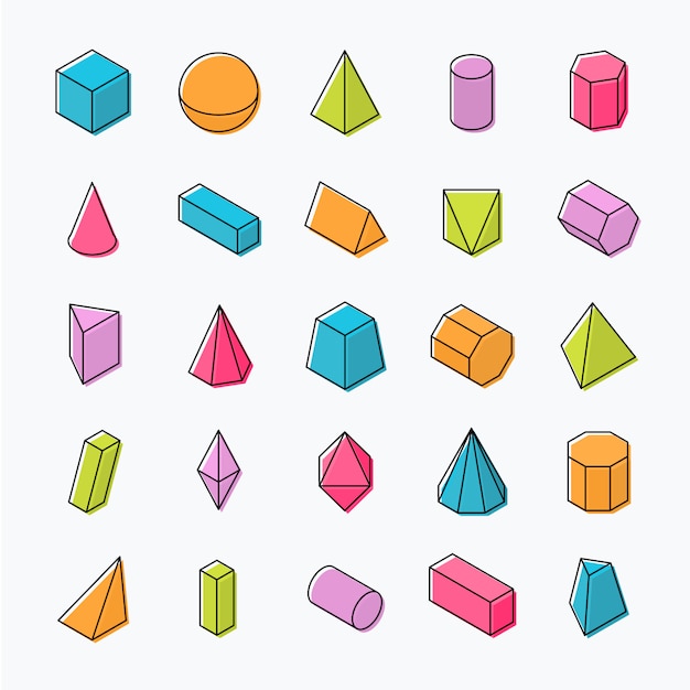 Riesiger satz von geometrischen 3d-formen mit isometrischen ansichten. Premium Vektoren