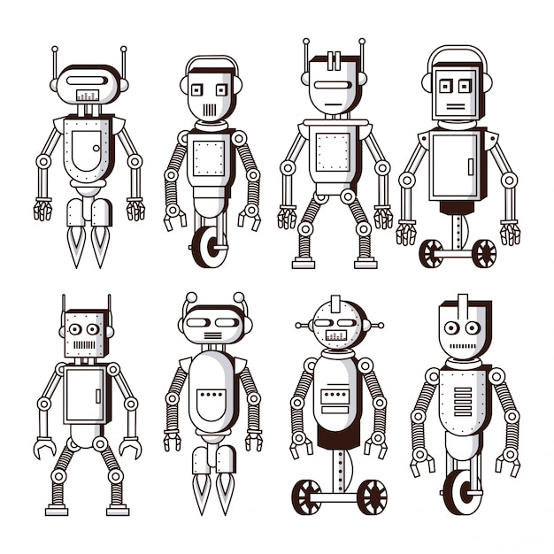 Roboter In Schwarz Und Weiss Premium Vektor