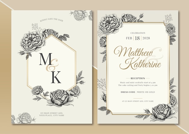 Rose Und Pfingstrose Vintage Blumen Illustration Hochzeitseinladungskarte Mit Text Layout Premium Vektor