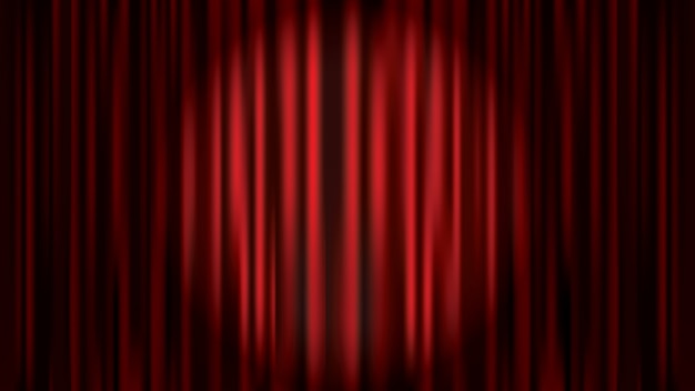 Roter vorhanghintergrund belichtet durch scheinwerfer, retro- kino, operntheaterstadium-vektorschablone Premium Vektoren