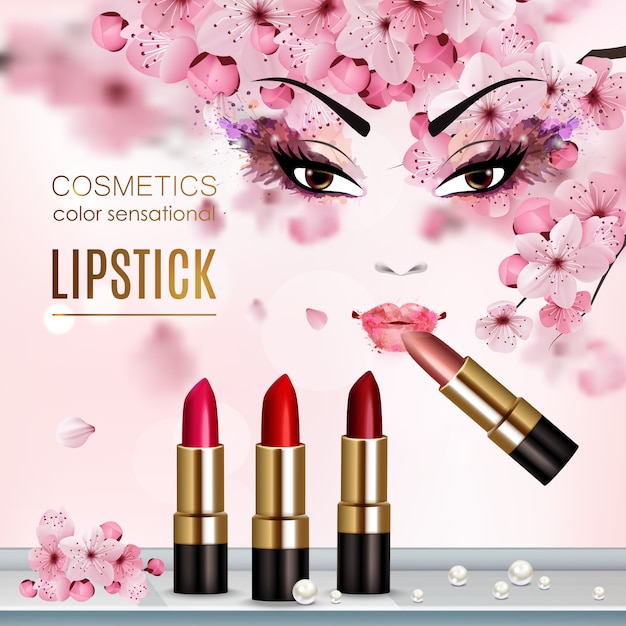 Sakura Abstract Flyer Mit Werbung Fur Eine Neue Kollektion Von Lippenstift Und Kosmetikfarben Kostenlose Vektor