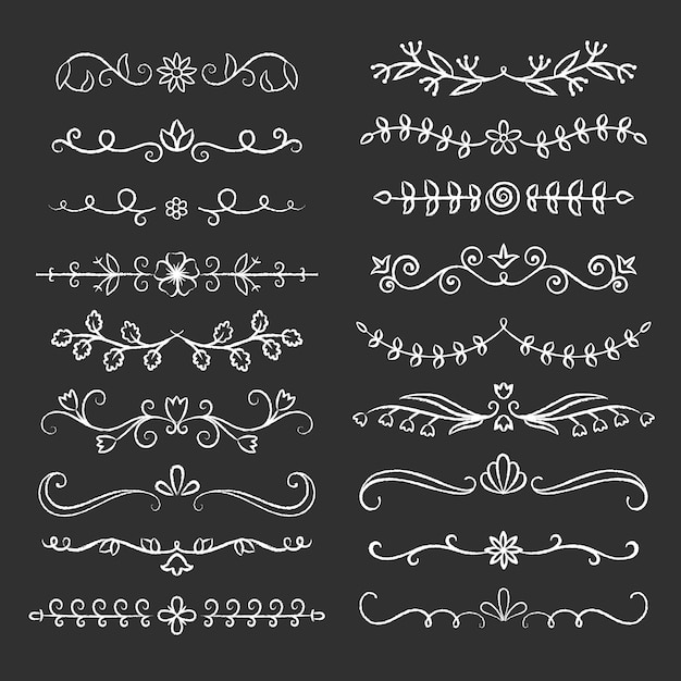 Sammlung hand gezeichnete flourishtextteiler mit kreideeffekt. botanische grenzen der gekritzelkreide Premium Vektoren