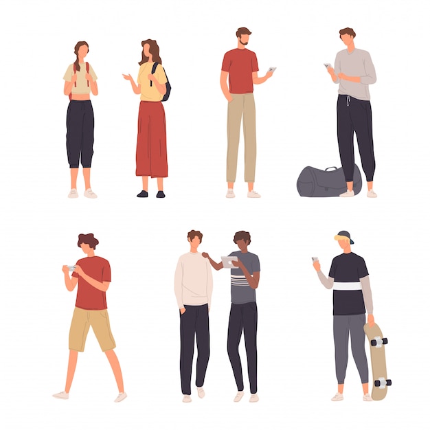 Sammlung leute-charakter-illustration, die verschiedene tätigkeit mit ihrem smartphone im flachen design tut Premium Vektoren