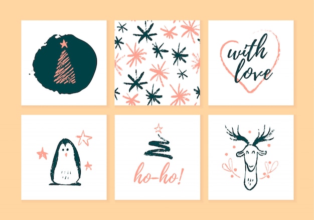 Sammlung Von Weihnachtskarten Geschenkanhanger Und Abzeichen Lokalisiert Auf Hellem Hintergrund Embleme Fur Weihnachtsfeiertage Prasentieren Verpackung Im Handgezeichneten Skizzenstil Pinguin Hirsch Tanne Muster Premium Vektor