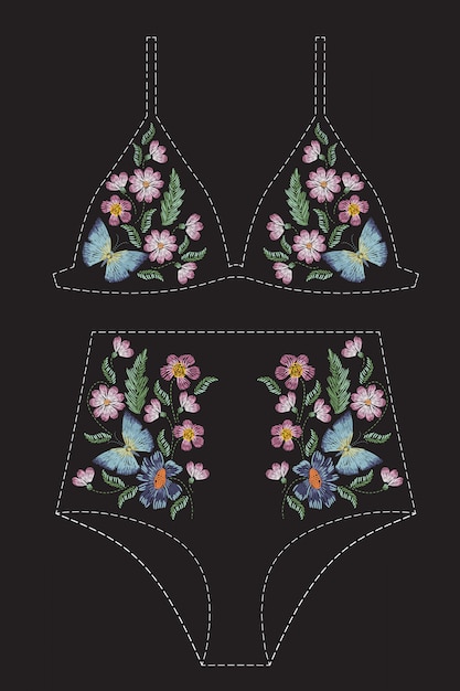 Satinstich Stickmuster Mit Blumen Und Schmetterlingen Folk Line Blumenmuster Fur Badeanzug Bh Bikini Kleidung Naturliche Modische Verzierung Fur Kleidung Auf Schwarzem Hintergrund Premium Vektor