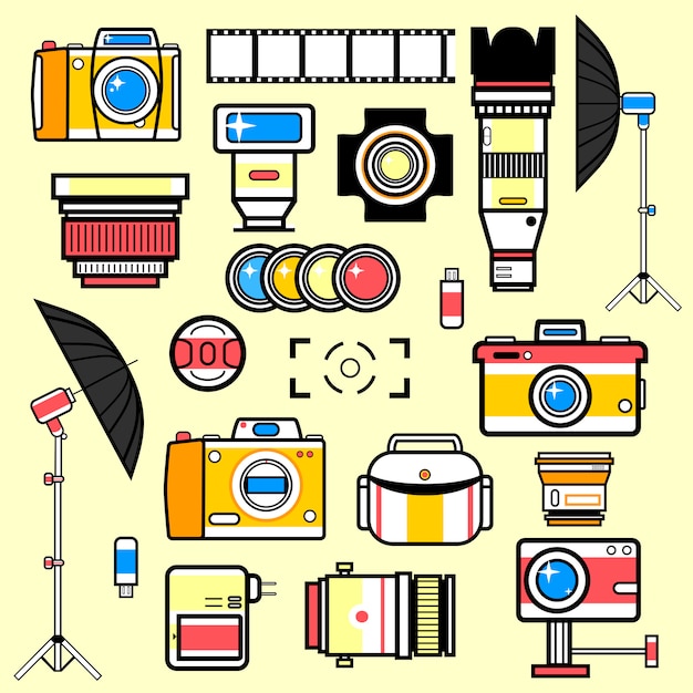 Satz ausrüstung für fotostudio. Premium Vektoren
