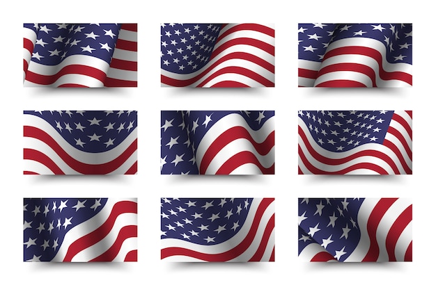 Satz der amerika-flaggenhintergrundsammlung. winkendes design. 4. juli unabhängigkeitstag konzept. Premium Vektoren