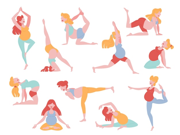 Satz Der Schwangeren Frau Die Yoga Ubung Tut Fitness Und Sport Wahrend Der Schwangerschaft Gesunder Lebensstil Und Entspannung Illustration Im Cartoon Stil Premium Vektor