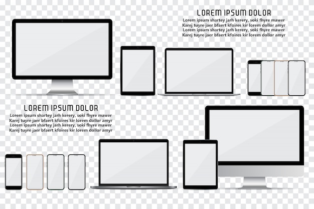 Satz des computermonitors, des laptops, des smartphone und der tablette mit leerem schirm Premium Vektoren