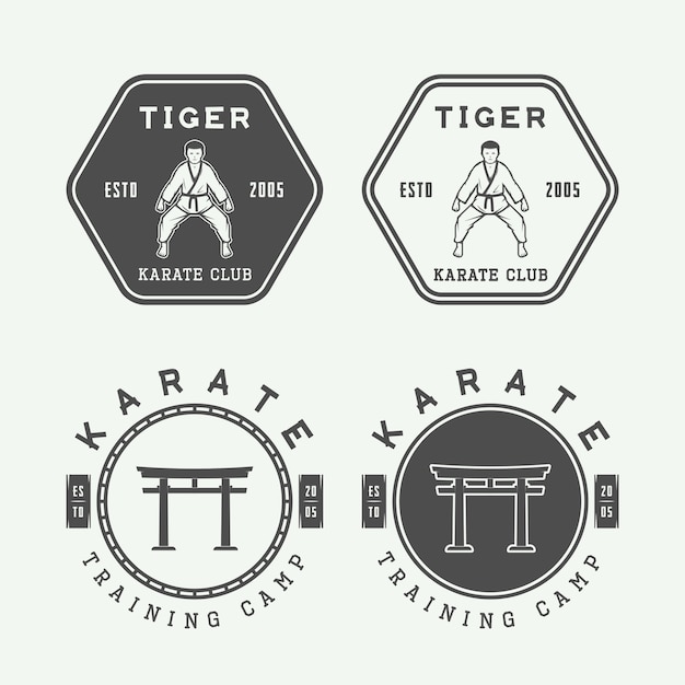 Satz des weinlese-karate- oder kampfkunstlogos, -emblems, -ausweises, -aufklebers und -gestaltungselemente. vektor-illustration Premium Vektoren