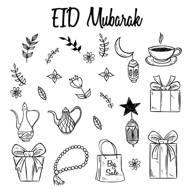 Satz eid mubarak-ikonen oder -elemente mit hand gezeichneter art Premium Vektoren
