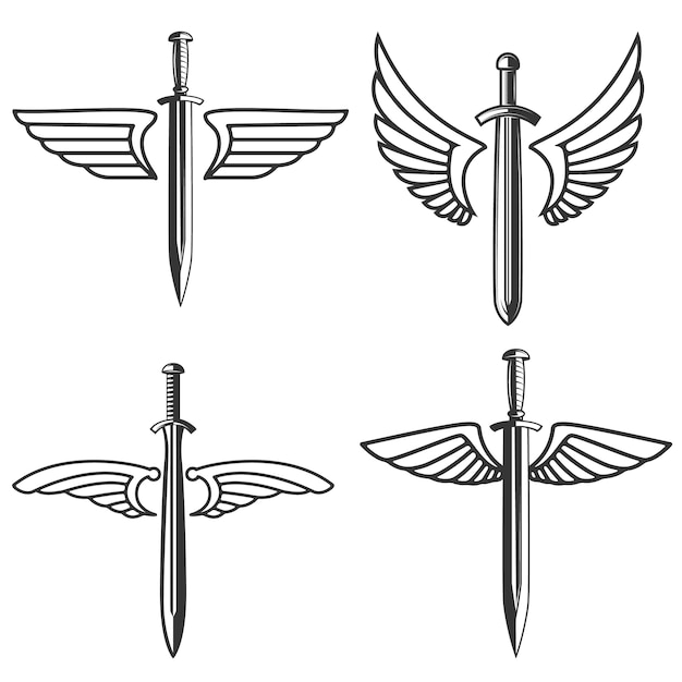 Satz Embleme Mit Mittelalterlichem Schwert Und Flugeln Element Fur Logo Etikett Zeichen Illustration Premium Vektor