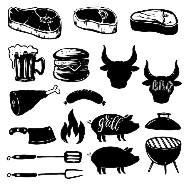 Satz Grillelemente Steak Grill Burger Bierkrug Fleisch Gestaltungselement Fur Logo Etikett Emblem Zeichen Illustration Premium Vektor
